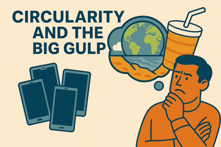 Man with many smartphones, thinking about the earth with depleting water resources, with a big gulp drink on the side